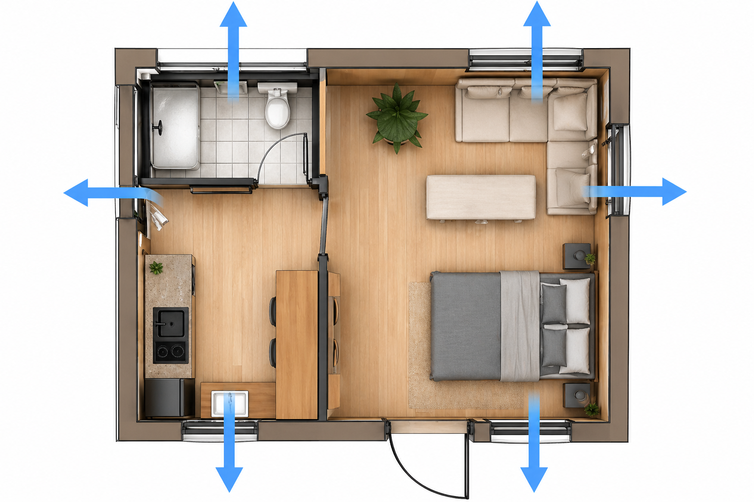Plan intérieur optimisé de la maison modulaire 20m²