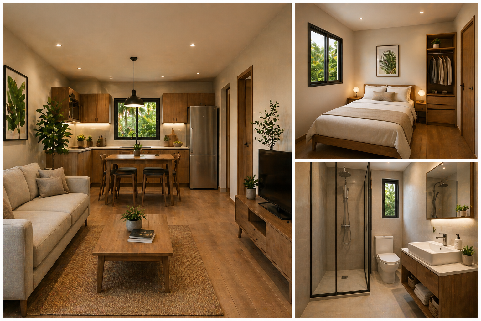 Photos de l'intérieur - séjour, chambre et salle de bain de la maison modulaire