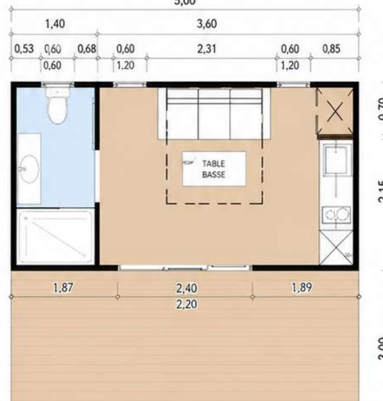 Plan intérieur du studio modulaire MaisonKit 20 m²