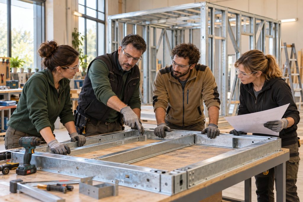 Illustration du montage d’un panneau en acier léger en atelier avec un formateur et des apprenants