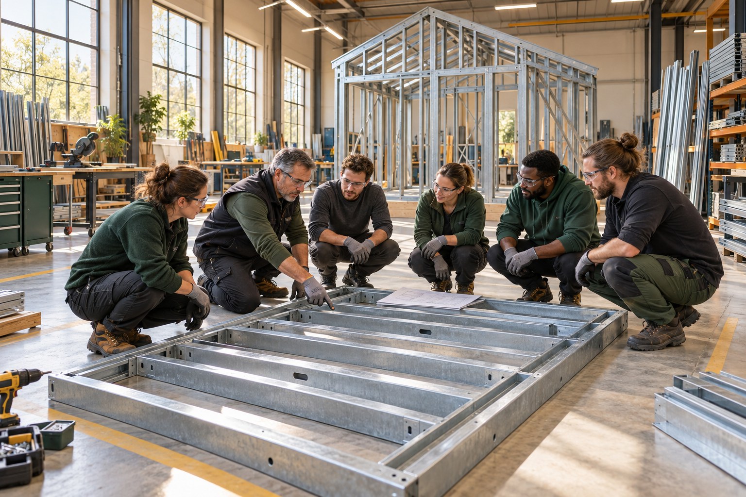 Illustration d’un centre de formation avec des apprenants autour d’un panneau en acier léger posé au sol et une structure complète en arrière-plan
