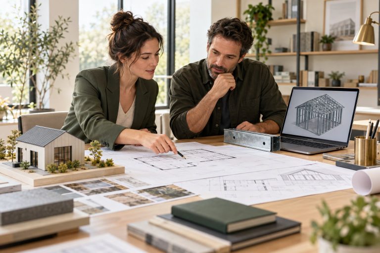 Illustration de professionnels étudiant les plans et la structure en acier léger d’un projet de maison