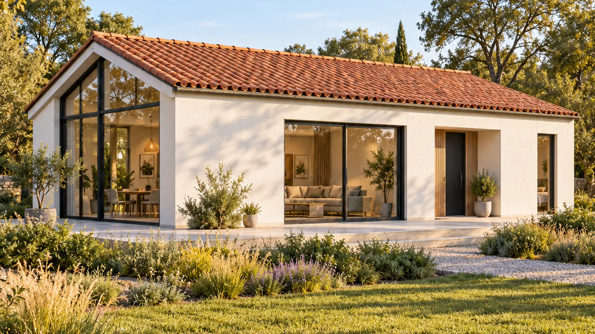 Illustrations de maisons : toiture en tuiles, maison contemporaine et maison familiale en L