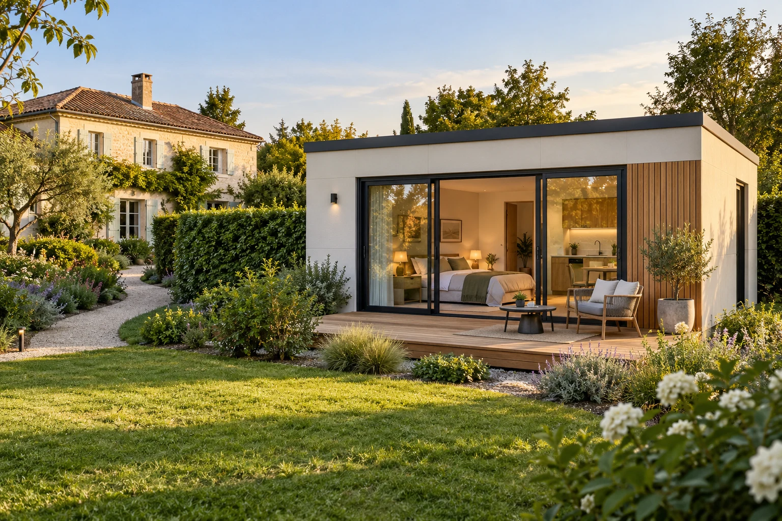 Illustration conceptuelle d’un studio indépendant dans le jardin d’une maison existante.