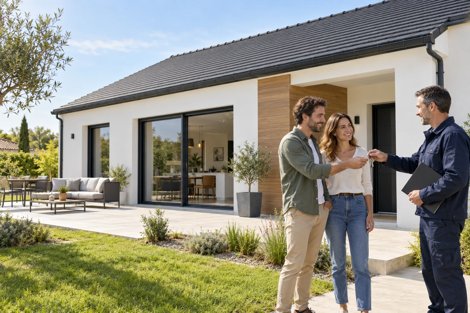 Illustration conceptuelle d’une maison terminée et d’une remise des clés avec un professionnel.