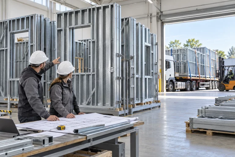 Illustration conceptuelle : panneaux de structure acier en atelier, professionnels et camion de livraison.