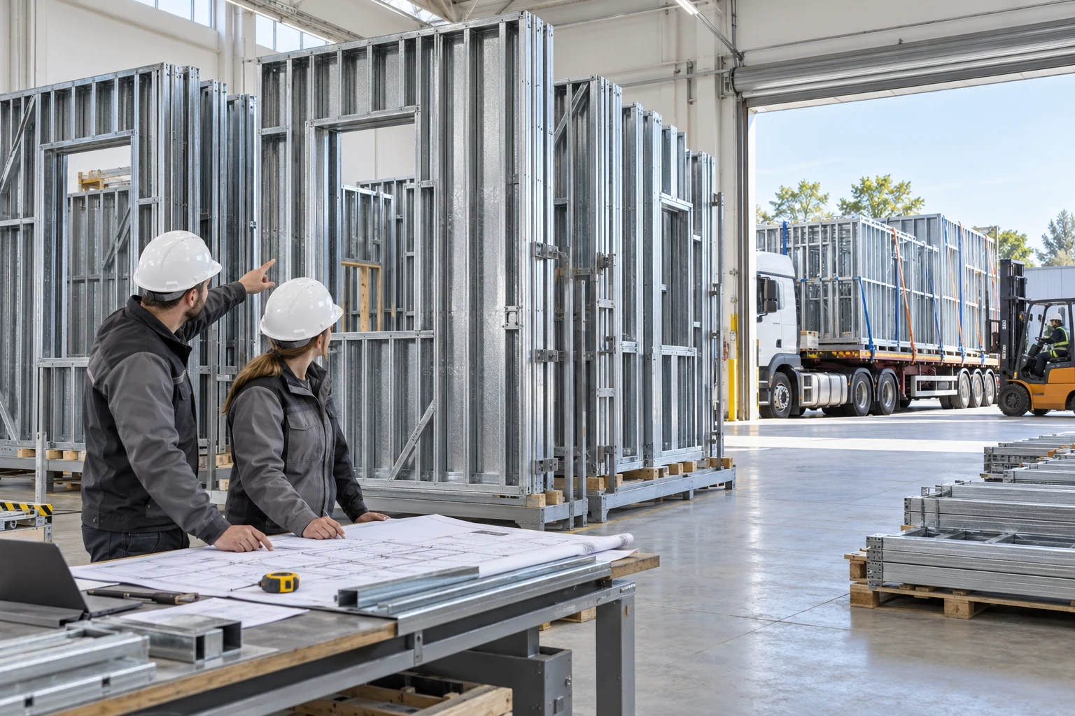 Illustration conceptuelle : panneaux de structure acier en atelier, professionnels et camion de livraison.