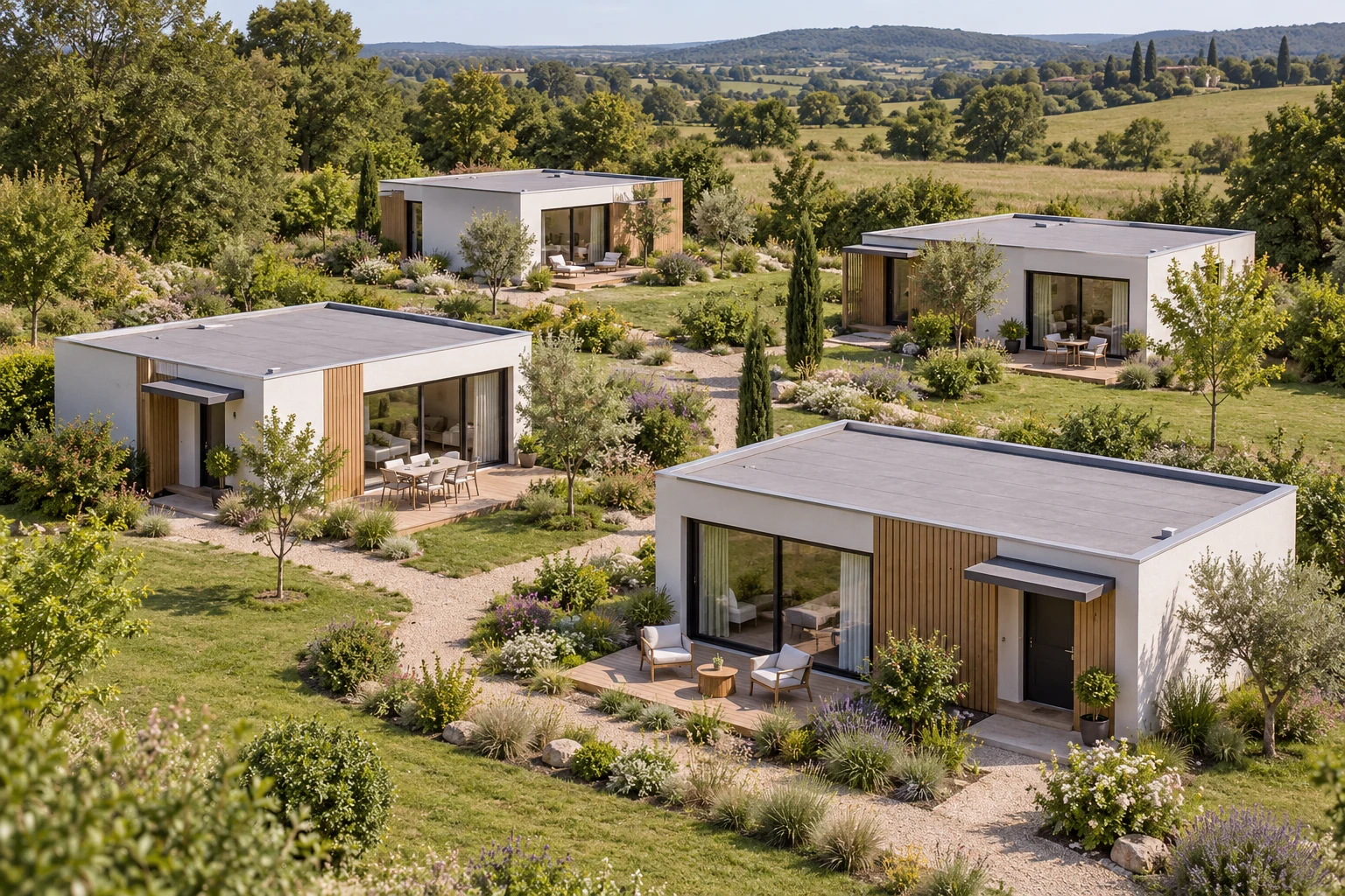 Illustration conceptuelle de quatre petits logements touristiques sur un terrain paysagé.
